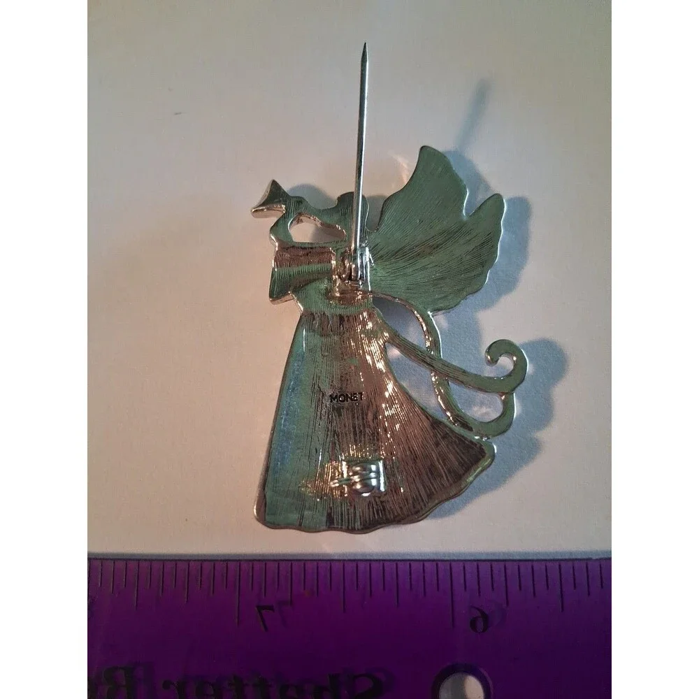 Monet Silver Tone Rhinestone Christmas Angel with Horn Brooch Pin